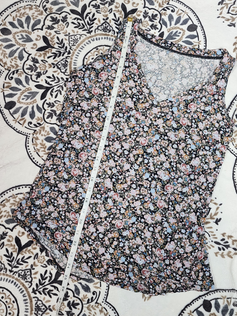 Floral V-Neck Sleeveless Camisole in Black with Pink & Cream Blooms - Picture 5 of 7